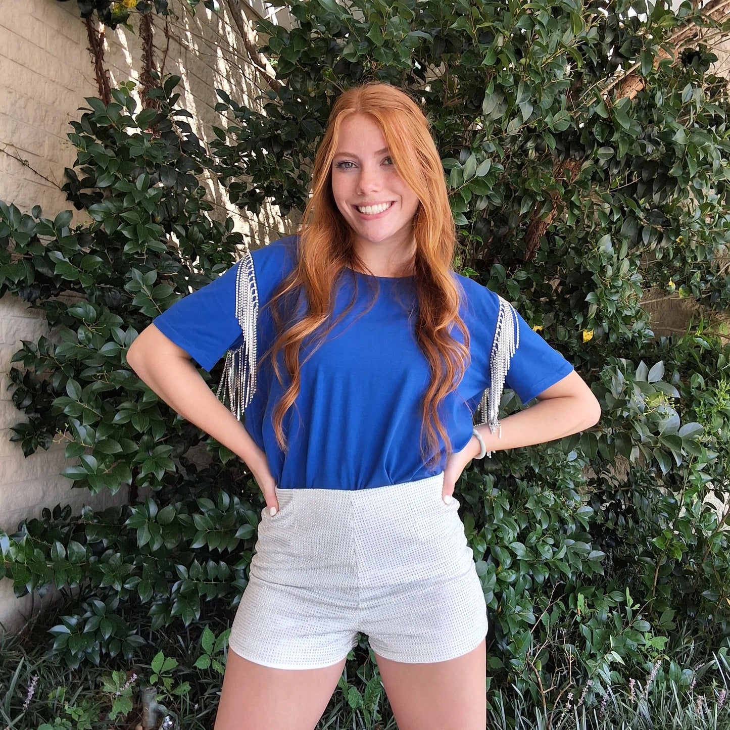Rhinestone Fringe Royal Blue Knit Top