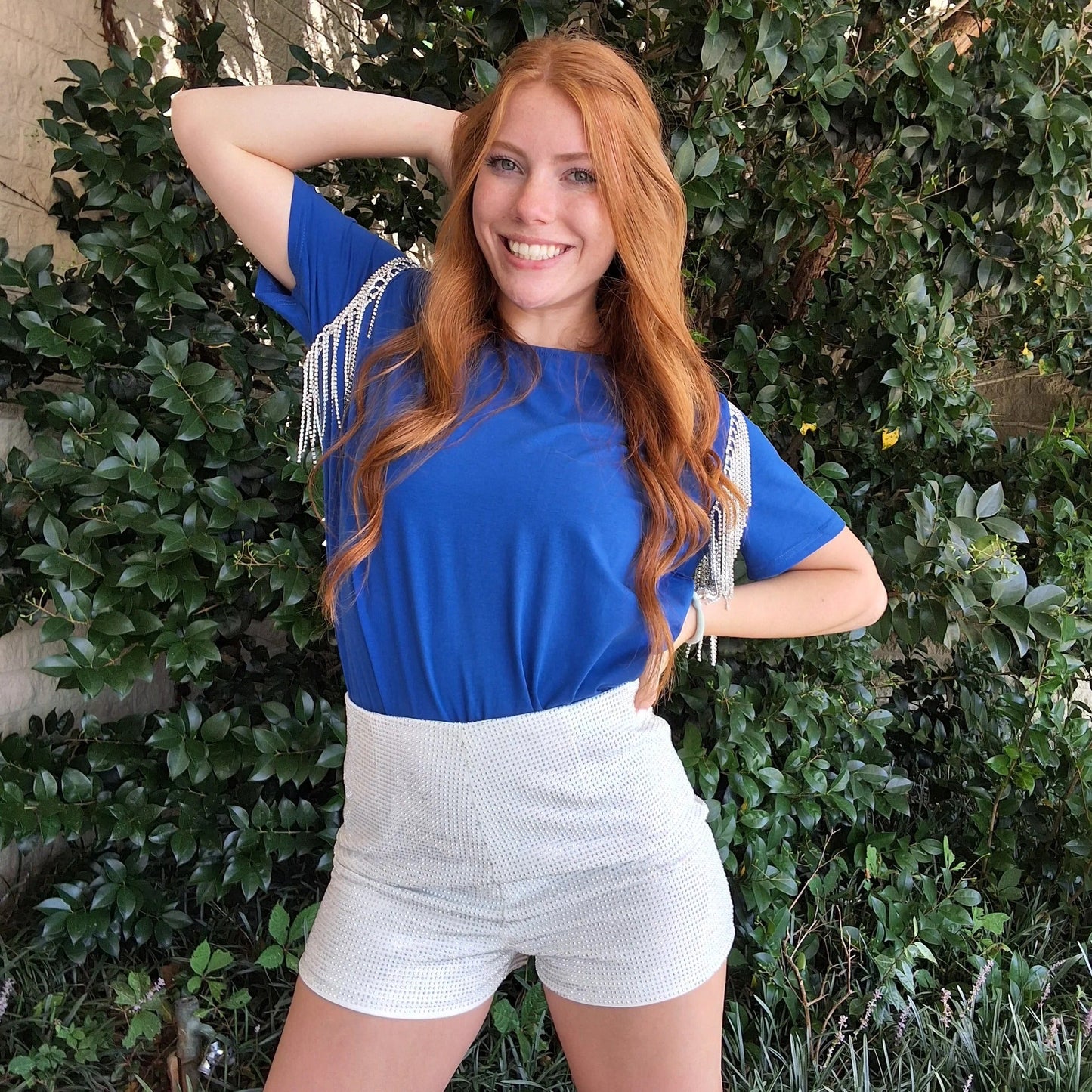 Rhinestone Fringe Royal Blue Knit Top