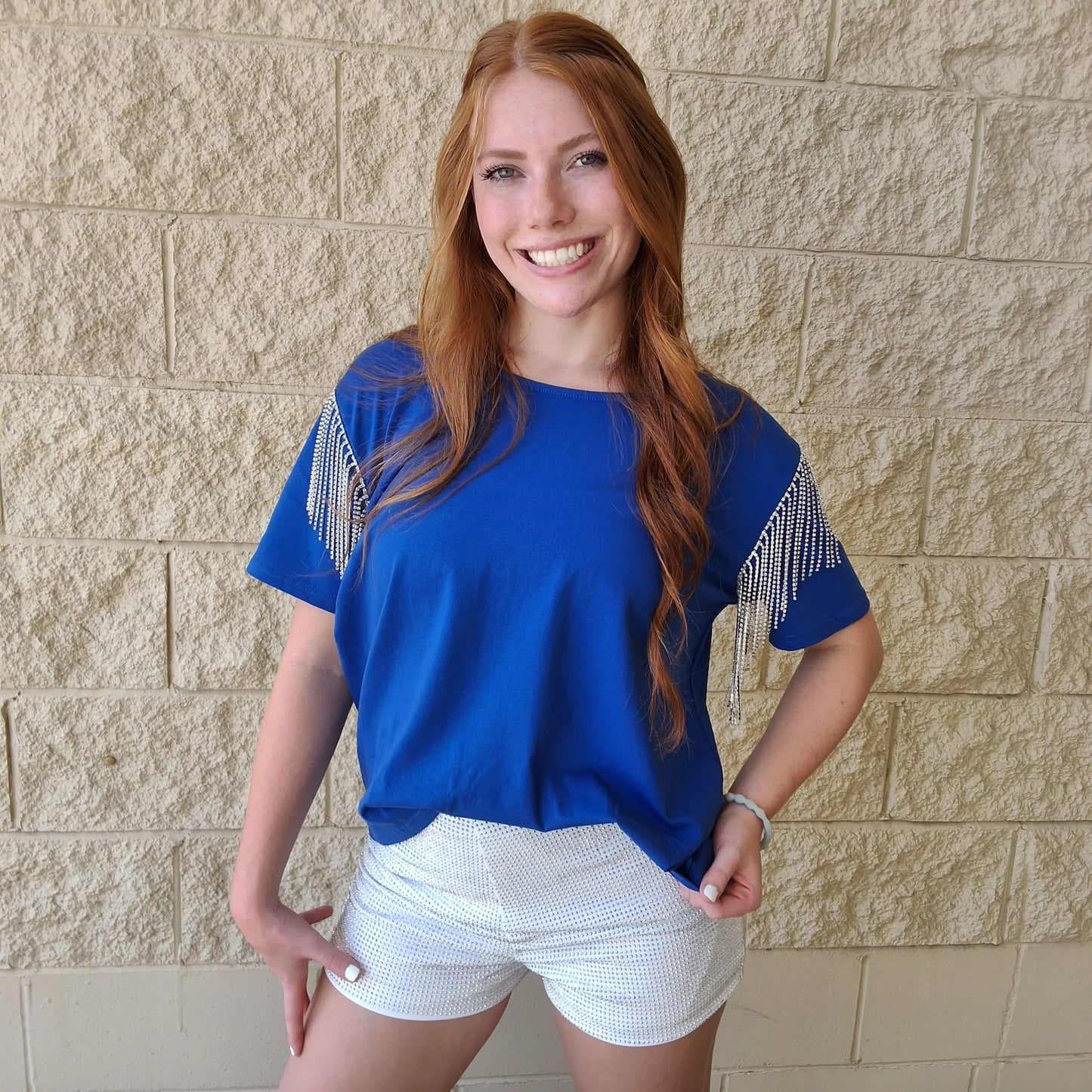 Rhinestone Fringe Royal Blue Knit Top